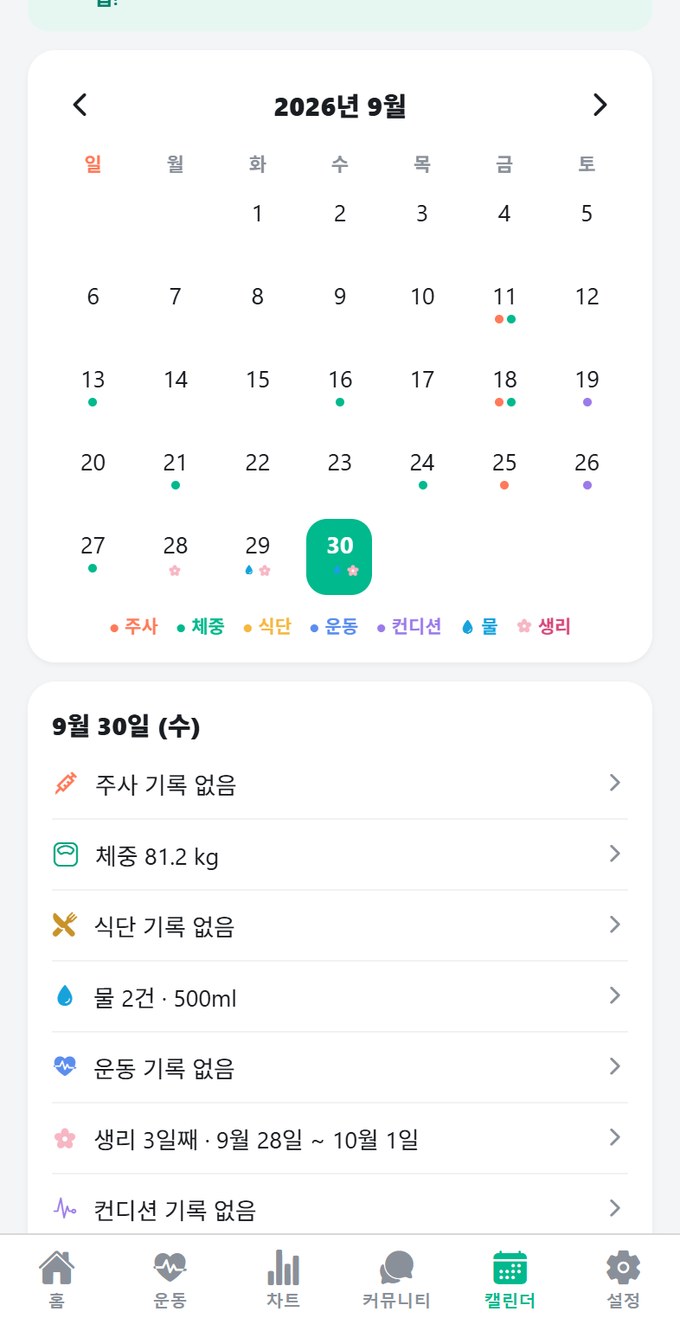 샷핏 캘린더 — 물을 적은 날은 물방울, 생리 기간은 꽃으로 표시