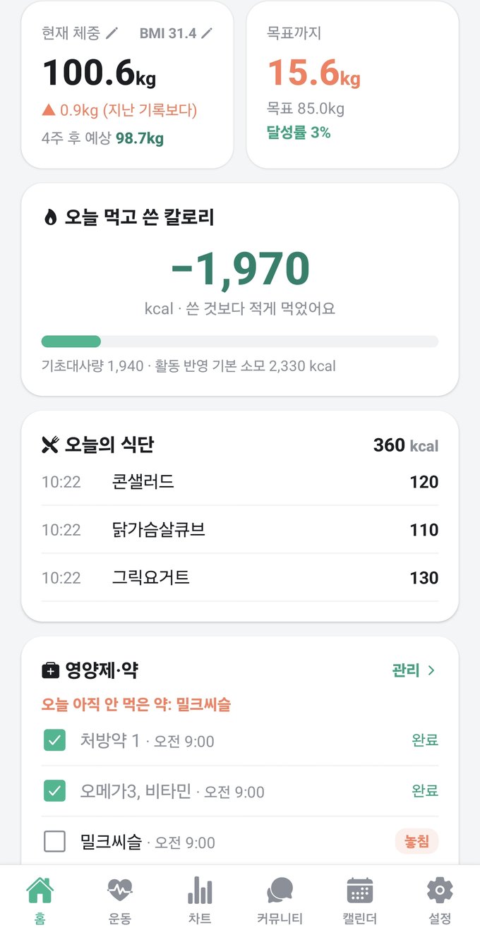 샷핏 홈 화면 아래쪽 — 체중과 목표, 오늘 먹고 쓴 칼로리, 오늘의 식단, 영양제·약