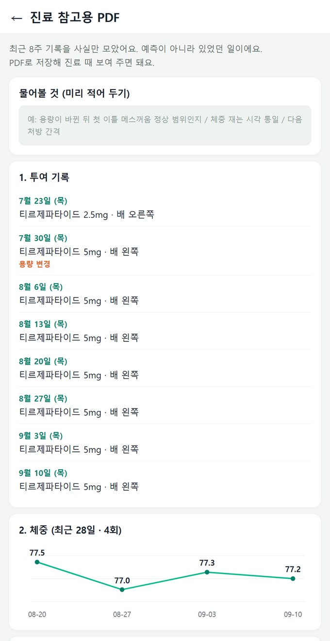 샷핏 진료 참고용 PDF — 최근 8주 투여·체중·컨디션 기록을 한 장으로