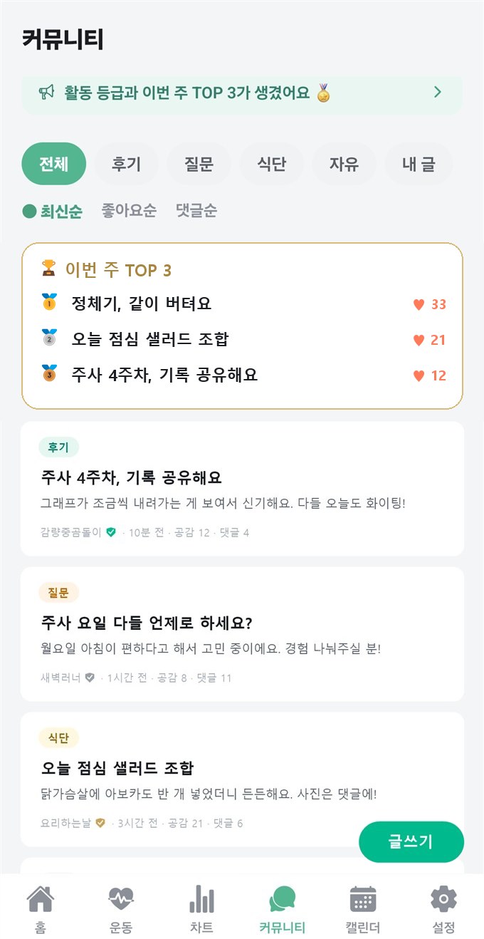 샷핏 커뮤니티 — 후기·질문·식단을 나누는 익명 게시판 (게시글은 예시)