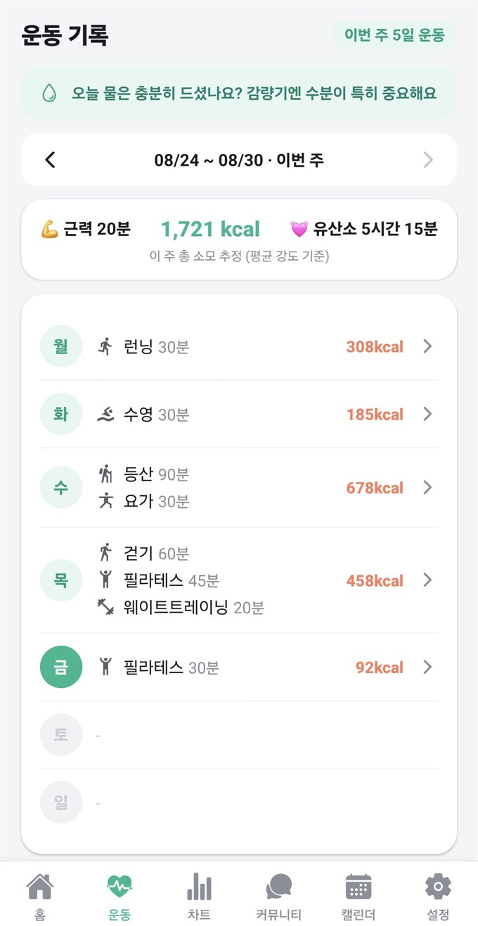 샷핏 운동 기록 — 요일별 운동과 주간 소모 칼로리 추정