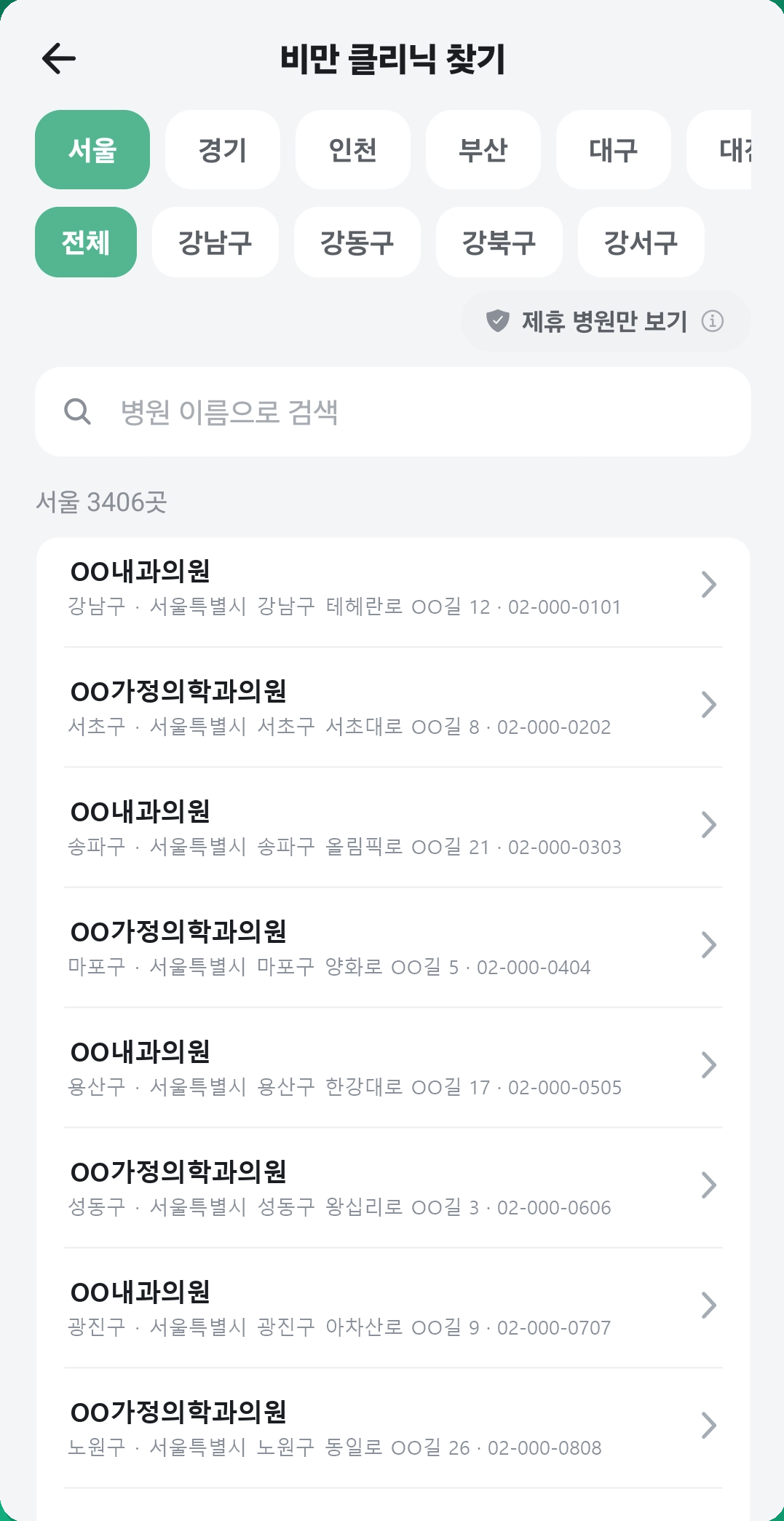 샷핏 비만 클리닉 찾기 — 지역별 병원 검색
